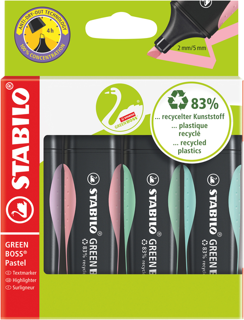 Markeerstift STABILO GREEN BOSS 6070/4 pastel assorti etui à 4 stuk