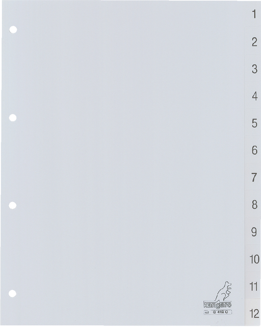 Dividers Kangaro A4 PP 120 micron 4 holes 12 tabs numbered grey
