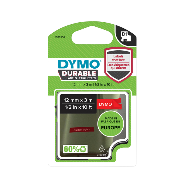 Dymo Durable D1 Tape 12mm x 3m Red