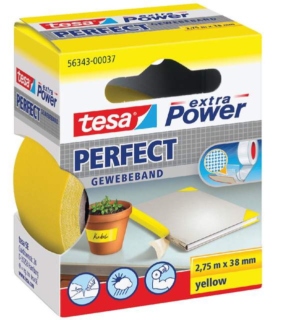 tesa extra Power Perfect extra strong self-adhesive cloth tape,2.75m:38mm, yellow