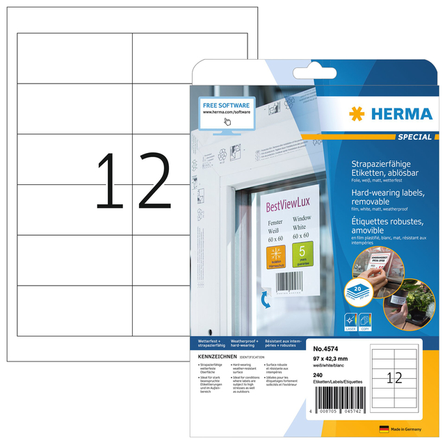 Label HERMA 4574 97X42.3mm folie wit 240 labels