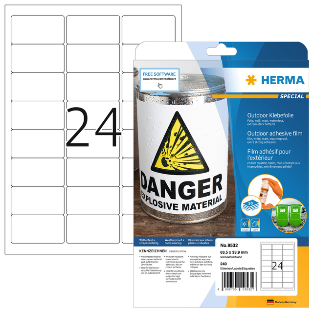 Weatherproof outdoor film labels A4, 63,5 x 33,9 mm, white, extremely strong adh