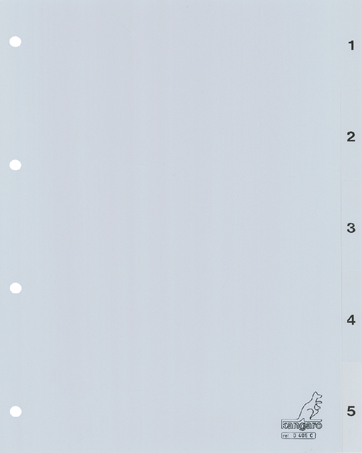 Dividers Kangaro A4 PP 120 micron 4 holes 5 tabs numbered grey
