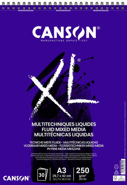 Tekenblok Canson XL Fluid Mixed Media A3 30vel 250gr