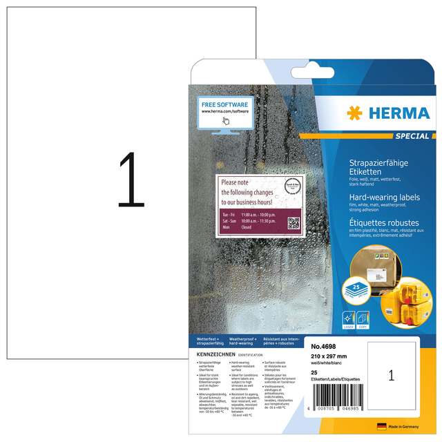 Weatherproof film labels A4, 210 x 297 mm, white, extremely strong adhesion