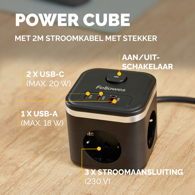 Stekkerblok Fellowes Power Cube F 3vdg 1xUSB A 2xUSB C 2 meter zwart