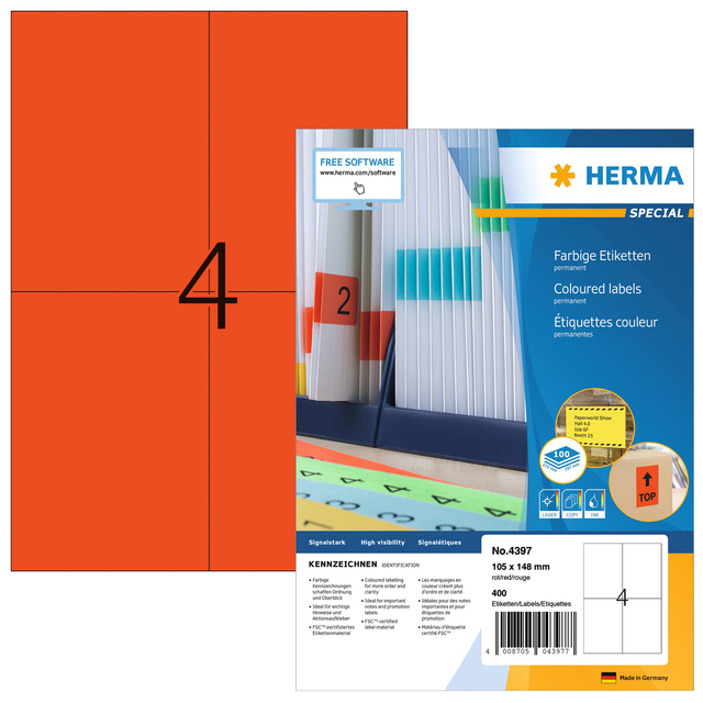 Coloured labels A4, 105 x 148 mm, red, permanent adhesion