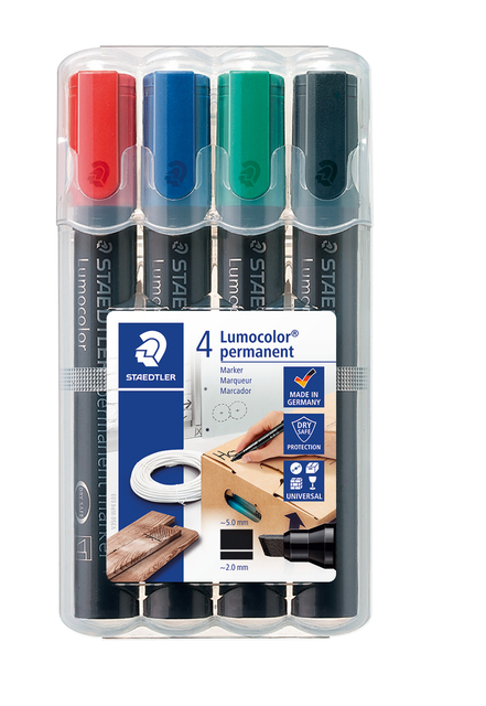 Viltstift Staedtler Lumocolor 350 permanent schuin set à 4 stuks assort