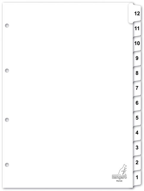 Dividers Kangaro A4 cardboard 190 grs 4 holes 12 tabs numbered white