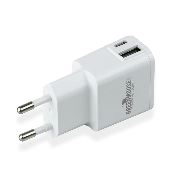 Oplader Green Mouse USB-C 1x en USB-A 1x wit blisterverpakking