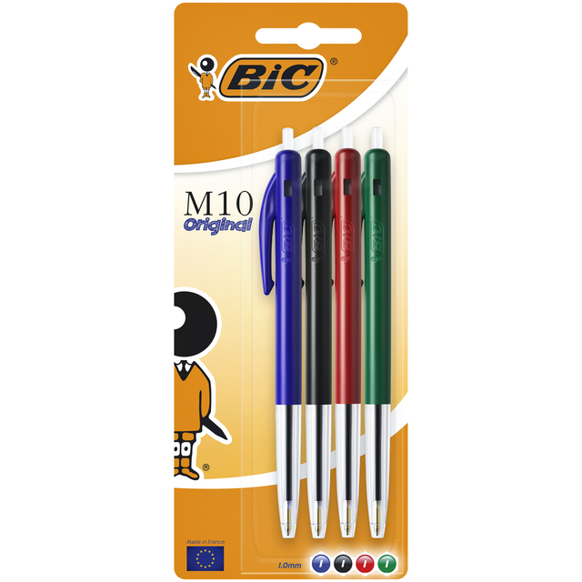 Balpen Bic M10 medium assorti blister à 4 stuk