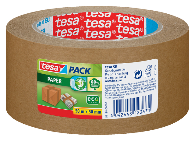 tesapack paper ecoLogo packaging tape, environmentalfriendly, 50m:50mm, brown