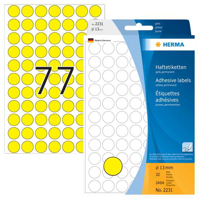 Multi-purpose labels / colour dots, Ø 13 mm, round, yellow, permanent adhesion