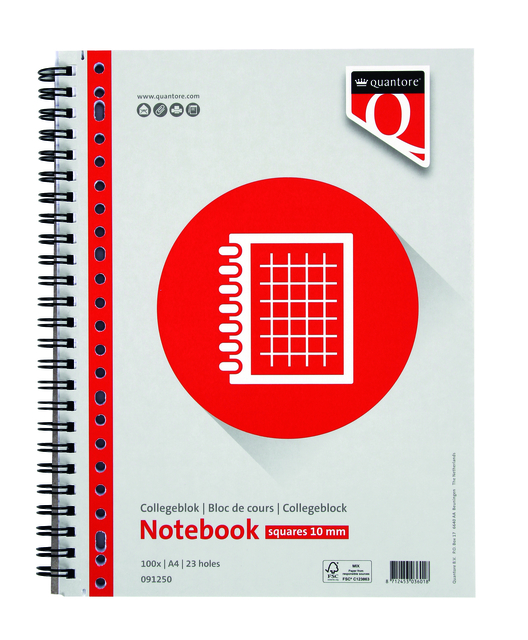 Collegeblok Quantore A4 ruit 10mm 23-gaats 200 pagina's 70gr