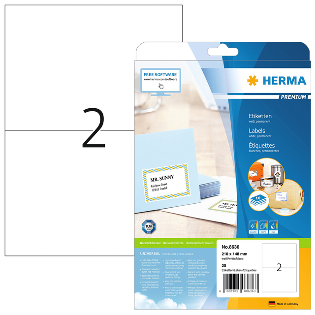 Etiket HERMA 8636 210x148mm A4 premium wit 20 stuks