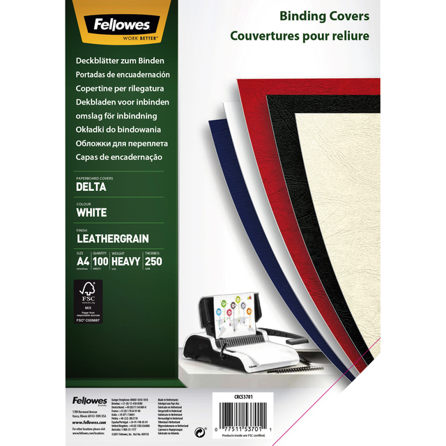 Fellowes Bind Cover Wht L/grain Pk100