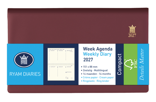 Agenda 2027 Ryam Compact Suprema 7dagen/2pagina's ringplastic bordeaux