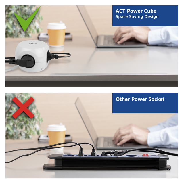 Stekkerblok ACT 3 voudig  inclusief 2x USB C/A 1.5 meter wit/grijs