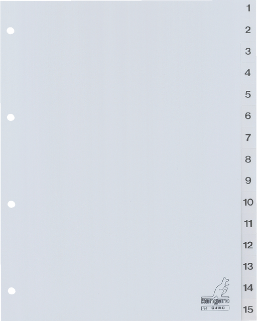 Dividers Kangaro A4 PP 120 micron 4 holes 15 tabs numbered grey