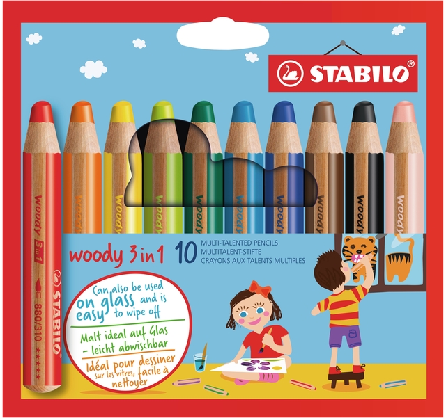 Kleurpotloden STABILO 880 woody 3 in 1 assorti etui à 10 stuk