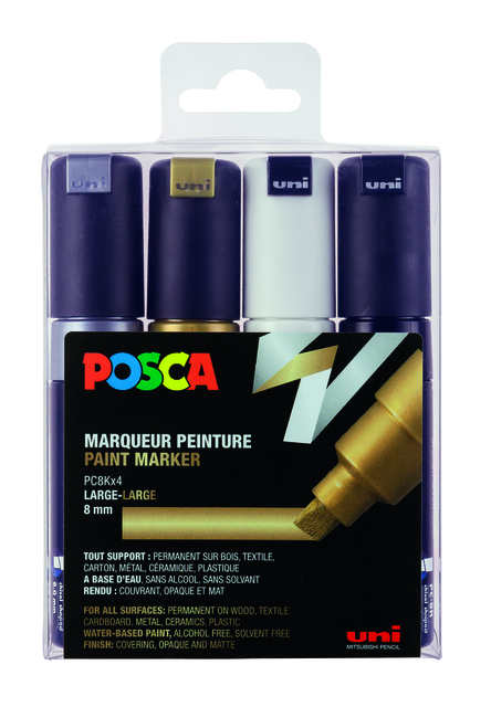 Verfstift Posca PC8K breed schuin assorti set à 4 stuk