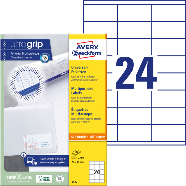 Etiket Avery 3422 70x35mm wit 2400 stuks