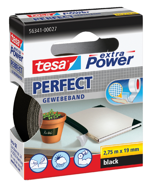 tesa extra Power Perfect extra strong self-adhesive cloth tape,2.75m:19mm, black