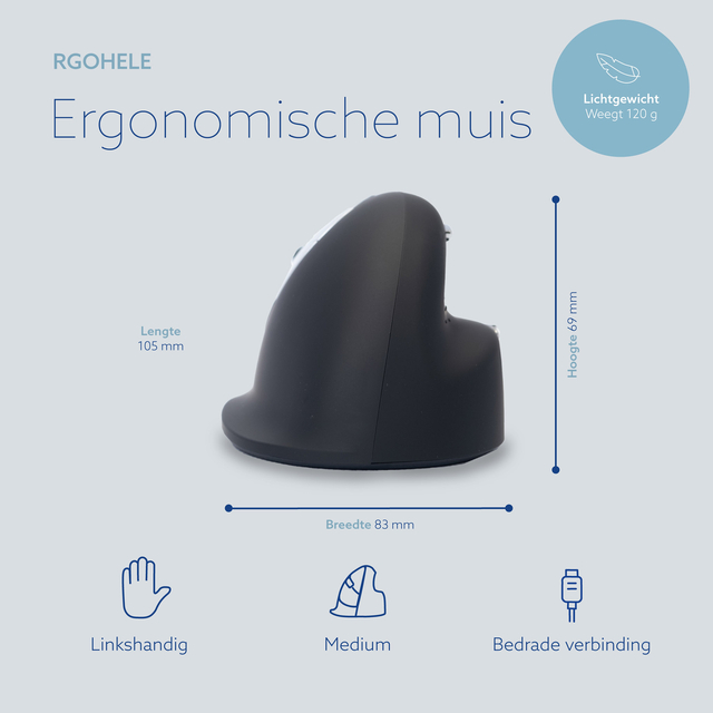R-Go HE Mouse, Ergonomic mouse, Medium (165-195mm), Left Handed, wired