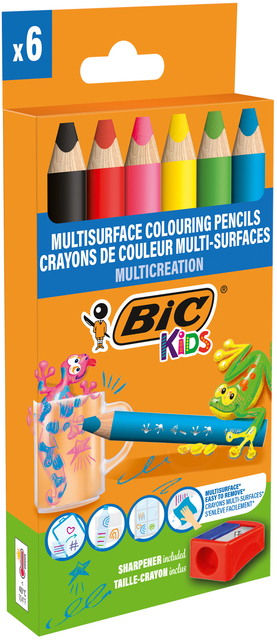 Kleurpotloden BicKids Multi Surface inclusief puntenslijper assorti pak à 6 stuk