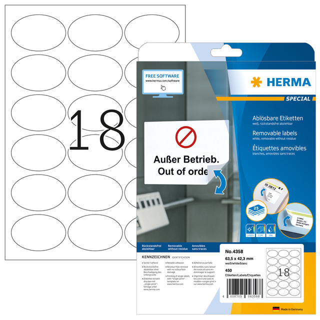 Label HERMA 4358 63.5x42.3mm removable oval 450 labels