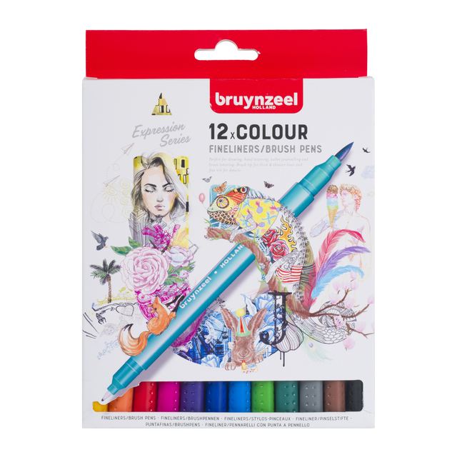 Duotip Bruynzeel Expression fineliner en brushpen set à 12 kleuren