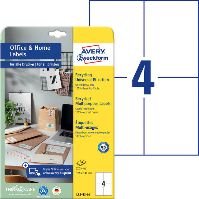 Etiket Avery LR3483-10 105x148mm recycled wit 40 stuks