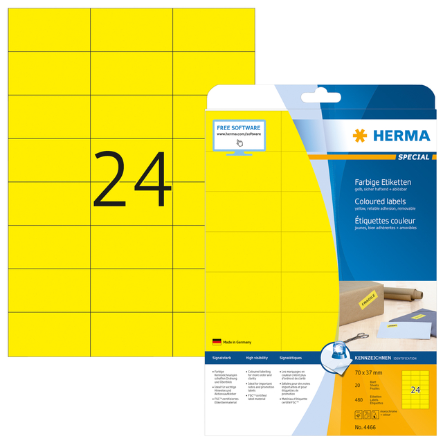 Etiket HERMA 4466 70x37mm verwijderbaar geel 480 stuks