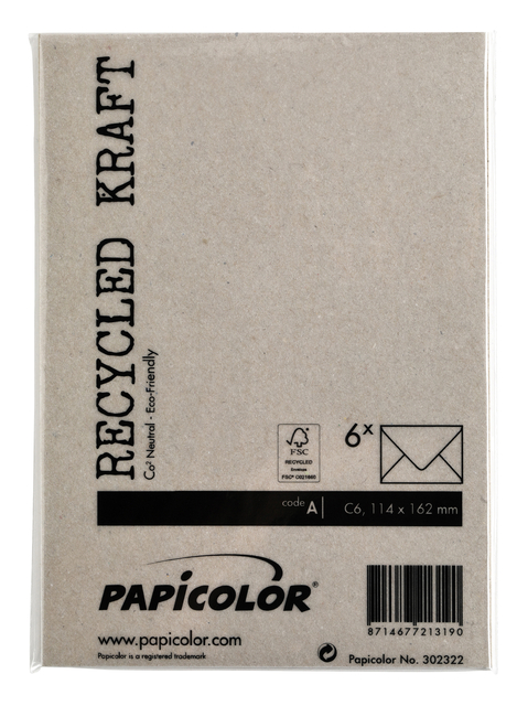 Envelop Papicolor C6 114x162mm kraft grijs pak à 6 stuk