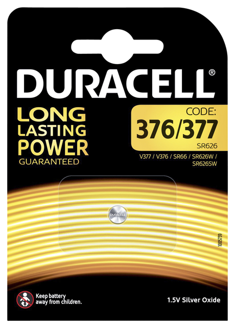 Batterij Duracell knoopcel 1x377 zilver oxide Ø6,8mm 1,5V-18m