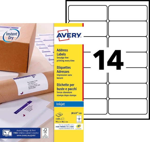 Etiket Avery J8163-100 99.1x38.1mm wit 1400stuks