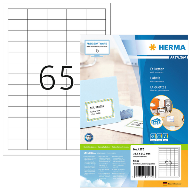 Etiket HERMA 4270 38.1x21.2mm premium wit 6500 stuks