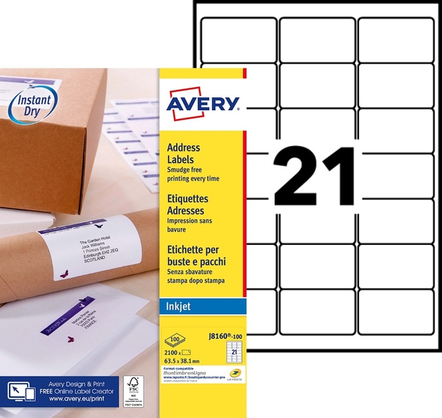 Etiket Avery J8160-100 63.5x38.1mm wit 2100stuks
