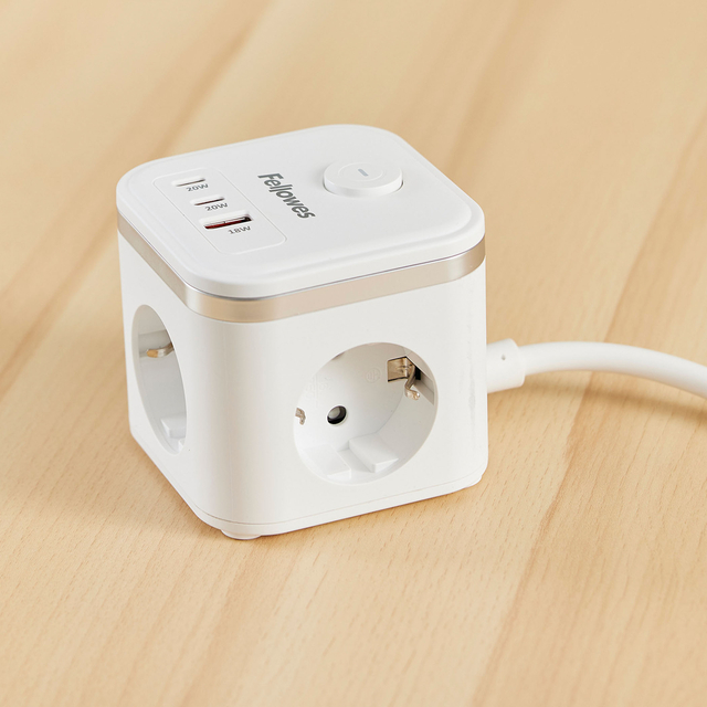 Stekkerblok Fellowes Power Cube F 3 voudig 1xUSB A 2xUSB C 2 meter wit