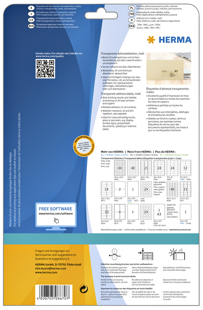 Etiket HERMA 8670 A4 63.5x38.1mm folie transparant mat 525st