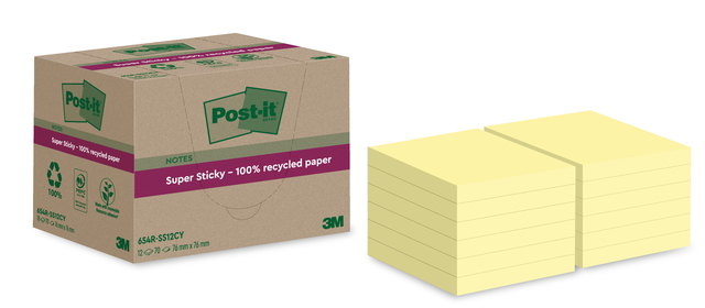 Memoblok  Post-it Super Sticky 654 RSS12CY recycled 76x76mm canary yellow 12 pieces
