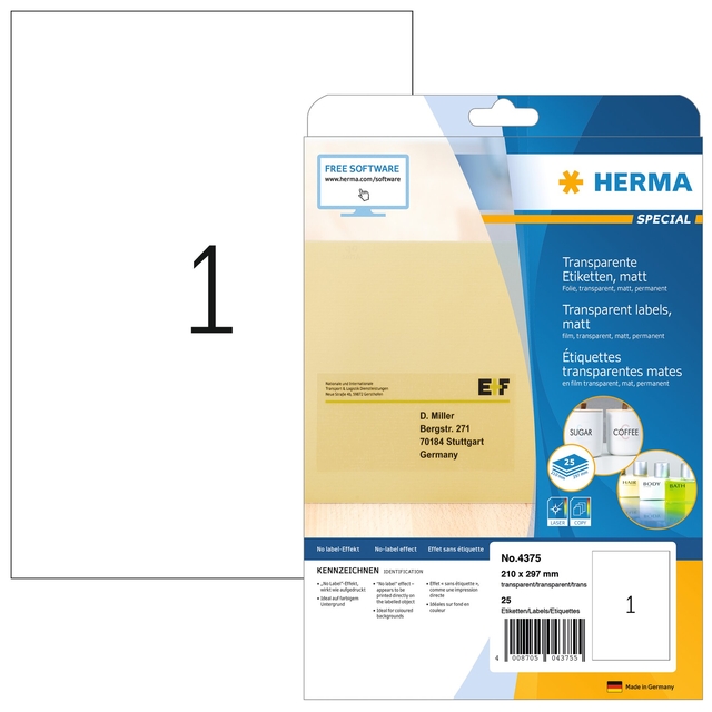 Transparent film labels, matt A4, 210  x  297 mm, weatherproof, permanent adhesi