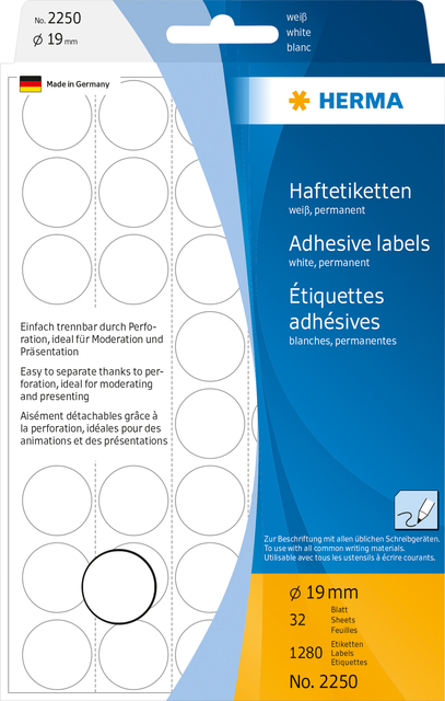 Multi-purpose labels / colour dots, Ø 19 mm, round, white, paper matt backing p