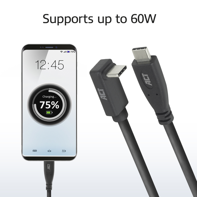 Kabel ACT USB-C standaard naar USB-C hoek boven/beneden 10Gbps 2m