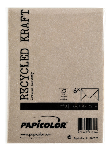 Envelop Papicolor C6 114x162mm kraft bruin pak à 6 stuks