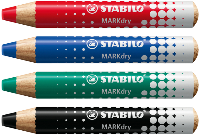 Whiteboardpotlood STABILO MARKdry 648/4 inclusief slijper en microvezeldoek assorti etui à 4 stuk