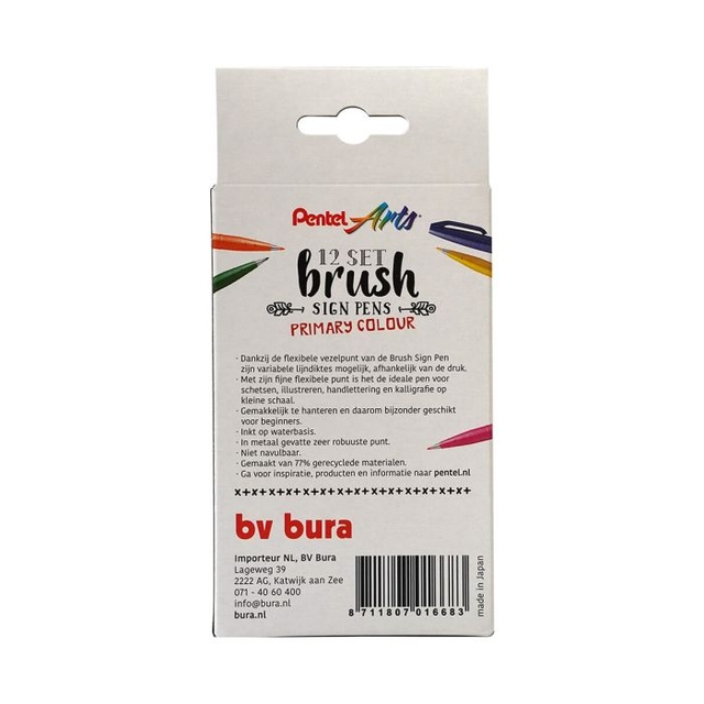 Brushpen Pentel SES15C Sign Artist standaardkleuren assorti doos à 12 stuk