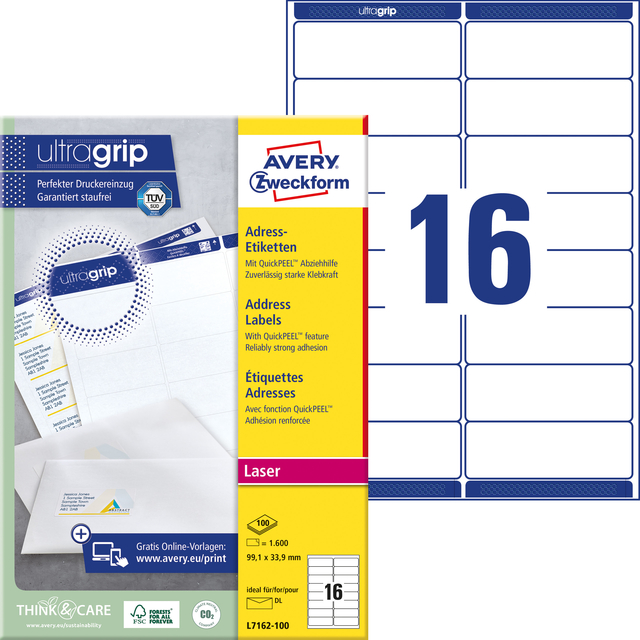 Etiket Avery L7162-100 99.1x33.9mm wit 1600 stuks