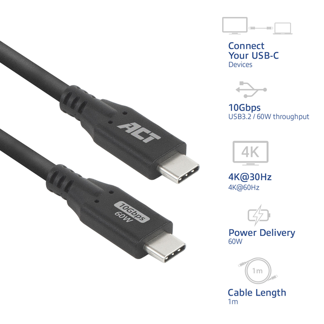 Kabel ACT USB-C 3.0 10Gbps 60W USB 1 meter