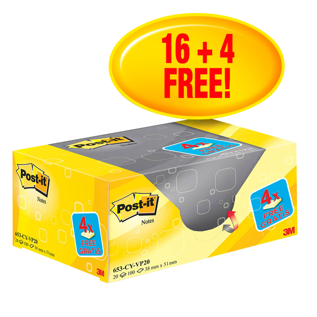 Memo pad 3M Post-it 653 38x51mm yellow 16 + 4 free